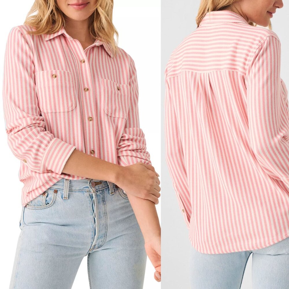 Faherty Legend Sweater Shirt Size L Pink White Striped Button Down Stretch $178